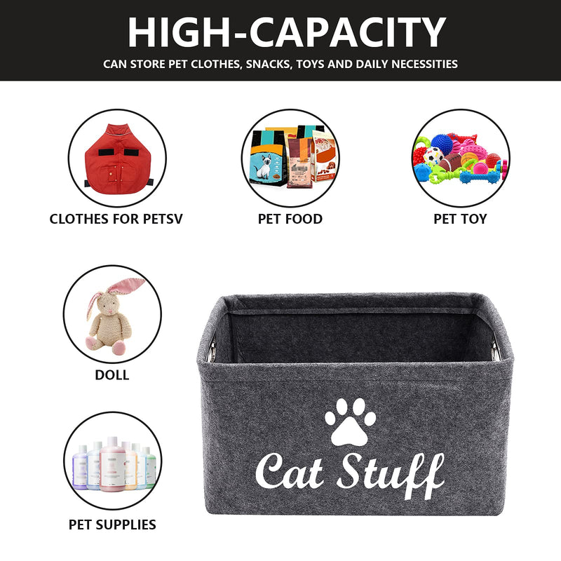 Geyecete Dog Apparel & Accessories/Dog Toys/Pet Supplies Storage Basket/Bin with Handles, Collapsible & Convenient Storage Solution for Office, Bedroom, Closet, Toys, Laundry "Cat Stuff" Grey - PawsPlanet Australia