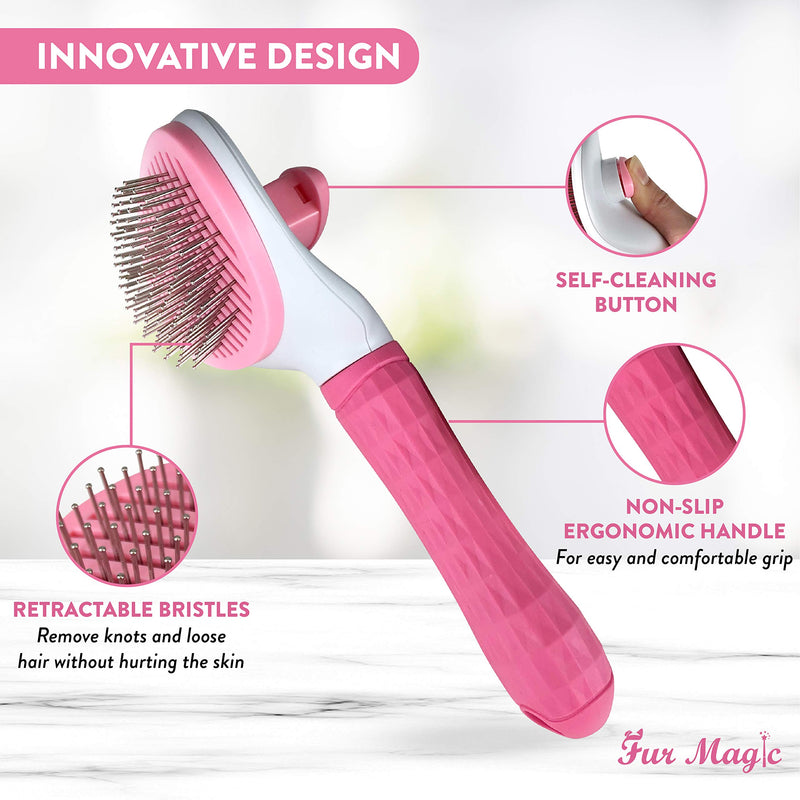 Fur Magic Self-Cleaning Grooming Brush, Slicker Brush for Dogs and Cats with Short Medium and Long Hair, Deshedding Tool Removes Mats and Tangles, Pink - PawsPlanet Australia