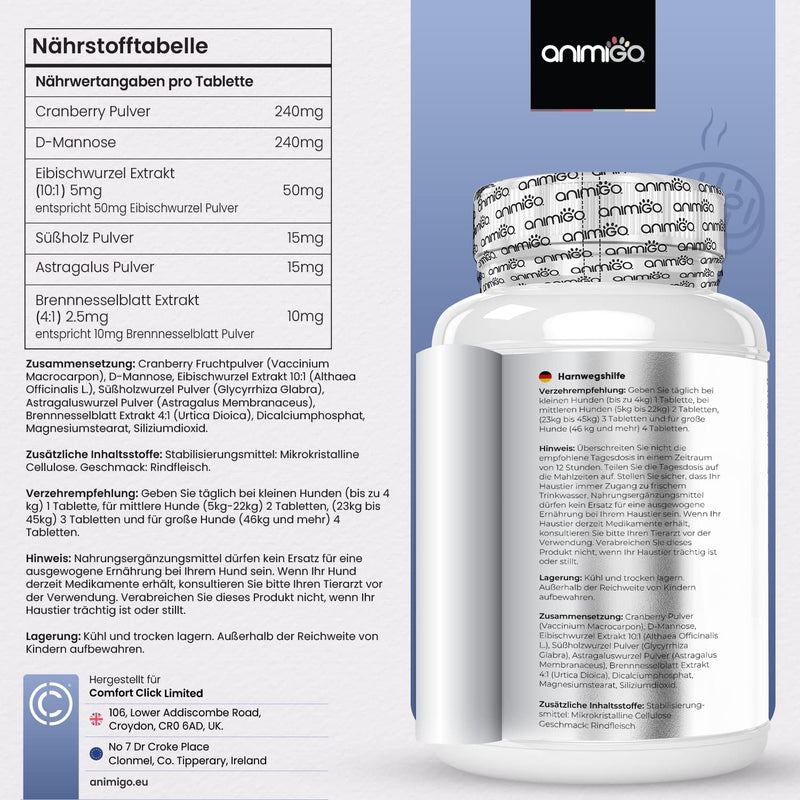 Animigo Urinary Aid for Dogs - 120 Dog Tablets - Vitamins with Cranberry, D-Mannose, Astragalus, Liquorice & Marshmallow Root - For Bladder, Kidney & Urinary Tract - Urinary Aid with Beef Flavor - PawsPlanet Australia