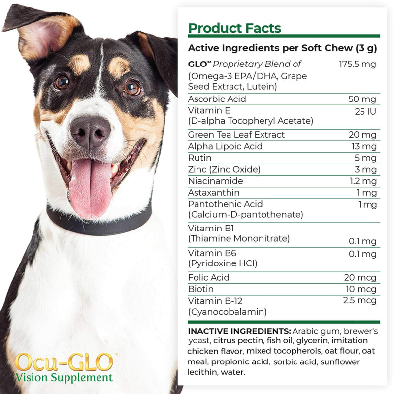 Ocu-GLO Cat & Dog Senior Supplement for Eye Support - Soft Chews Vision Vitamins Supplements for Large and Small Pets Care with Lutein, Omega-3 Fatty Acids, Grape Seed Extract & Antioxidants 15 Count (Pack of 1) - PawsPlanet Australia