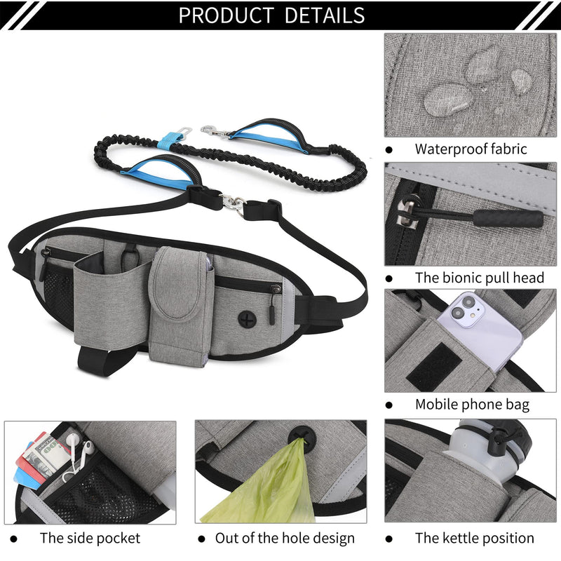 Clape Hands-Free Lead with Waterproof Belt Bag Hands Free Dog Leash Waist Jogging Lead for Dogs Multifunctional Sports Drinking Belt OT09-Gray - PawsPlanet Australia