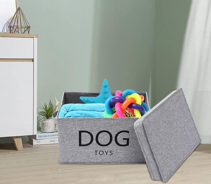 Medium dog toy bin 15"x10"x8.3" inch linen-cotton blend dog container organizer with lid - collapsible dog toy basket for organizing dog cat toys and accessories - Gray - PawsPlanet Australia