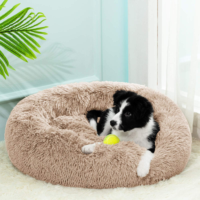 Calming Dog Bed for Small Dogs Cats Donut Dog Bed Pet Cushion Bed Plush Cat Bed Round Anti-Anxiety Dog Cuddler Bed Orthopedic Dog Bed, Machine Washable, 20inch Khaki. S (20''X20'') - PawsPlanet Australia