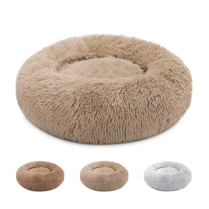 Calming Dog Bed for Small Dogs Cats Donut Dog Bed Pet Cushion Bed Plush Cat Bed Round Anti-Anxiety Dog Cuddler Bed Orthopedic Dog Bed, Machine Washable, 20inch Khaki. S (20''X20'') - PawsPlanet Australia