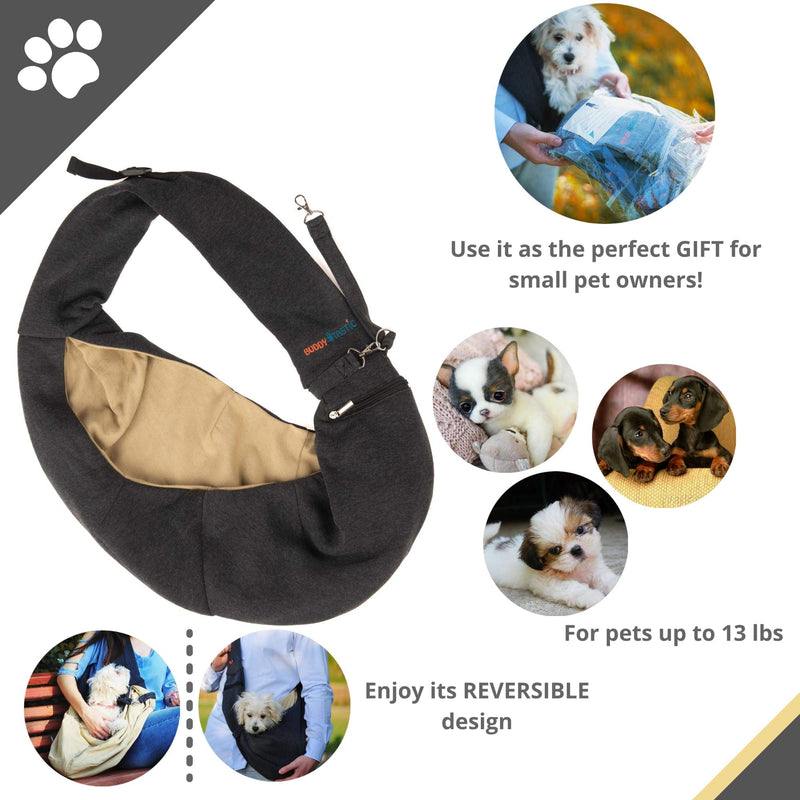 BUDDY TASTIC Pet Sling Carrier - Reversible and Hands-Free Dog Bag with Adjustable Strap and Pocket - Soft Puppy Sling for Pets up to 13 lbs Black/Beige - PawsPlanet Australia