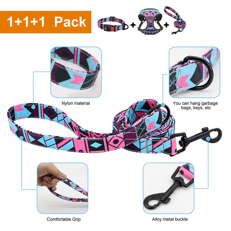 Forestpaw Multi-Colored Reflective Puppy Vest Harness and Leah Set,Soft and Cute Dog Harness and Collar Set,Cat Harness and Leash for Walking Escape Proof,XS,GeometricPink Rose XS-Chest:12-14",Neck: 12.5" - PawsPlanet Australia