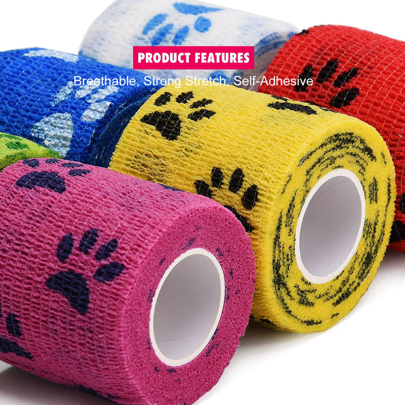 TOBWOLF 6PCS First Aid Cohesive Bandage, 2" x5yd / 5cmx4.5m Self Stick Adhesive Tape Roll, Elastic & Breathable First Aid Bandage for Pet Dog Cat Animal Wound - 6 Assorted Colors Dog Paw Footprint - PawsPlanet Australia