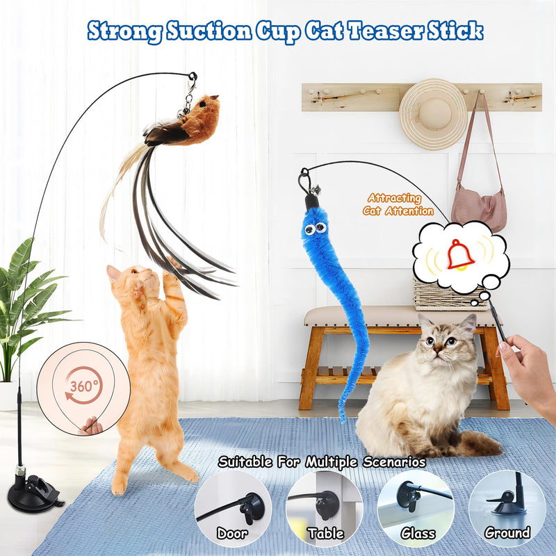 GIAPINST Interactive Cat Toys with Feathers, Cat Toys Self-Employment Pack of 10 Incloude 1 Powerful Removable Suction Cup, 2 Wand, 7 Replacement Teaser Toys with Bells - PawsPlanet Australia