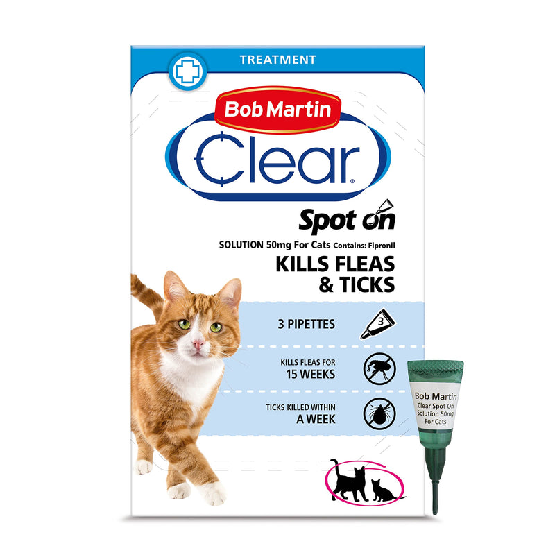 Bob Martin Clear Plus | Spot On Flea Treatment for Cats & Ferrets | Instantly Kills Fleas & Spot On Flea Treatment for Cats & Ferrets | Kills Fleas | Fast Control, 15 Week Protection (3 Pipettes) - PawsPlanet Australia