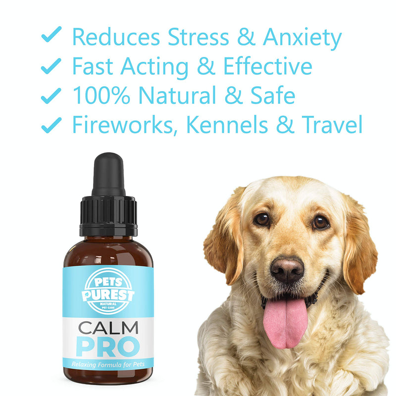 Pets Purest 100% Natural Calm PRO Dog Anxiety Relief Calming Aid Supplement for Dogs Cats Horses Rabbits Birds Pets. Anxiety & Stress When Home Alone, Aggression, Loud Noises, Fireworks & Kennels 50ml - PawsPlanet Australia