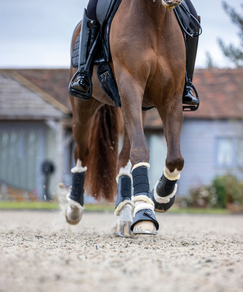 LeMieux Fleece Lined Horse Boots with Grained Faux Leather & Diamond Shaped Top Strap for Schooling, Turnout, Warming Up, Riding - M Black / Natural - PawsPlanet Australia