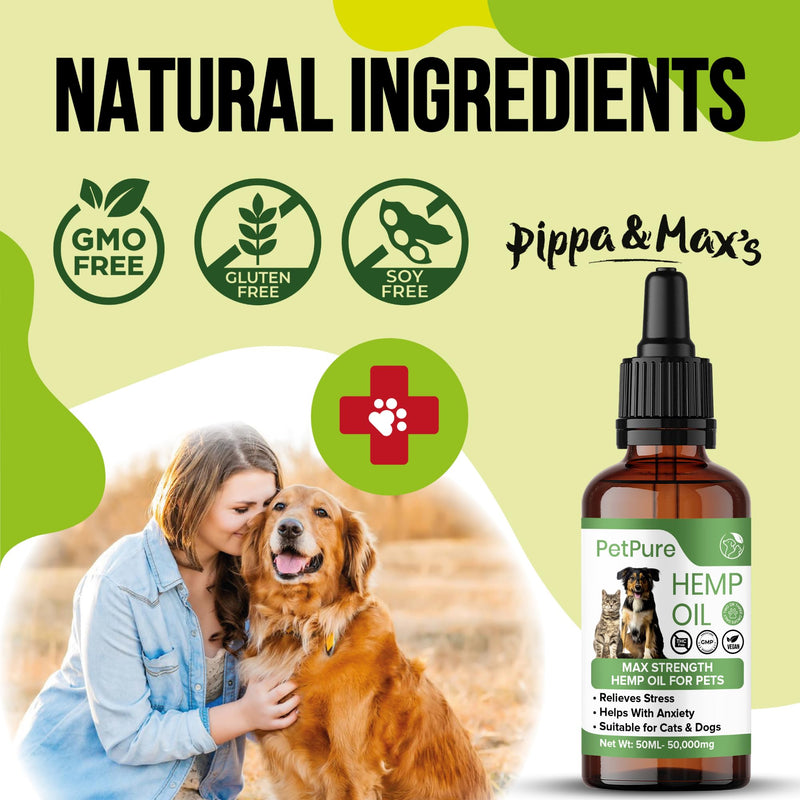 Pippa & Max Hemp Oil for Dogs and Cats - 50,000mg 50ml - Hemp Extract Made in the UK - Natural for Pets - PawsPlanet Australia