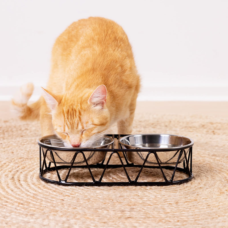 Navaris Steel Pet Bowl Set - Double Food Water Bowls for Cats, Small Dogs and Puppies with Metal Stand - Set of 2 Bowls - PawsPlanet Australia