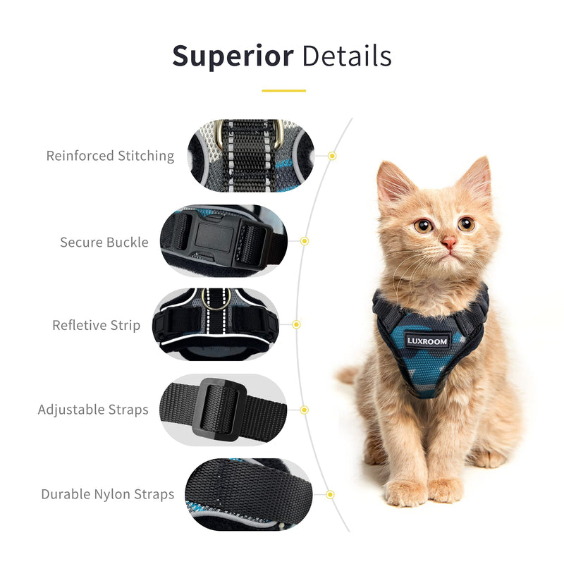 LuxRoom Cat Leash and Harness Set for Walking, Adjustable Breathable Kitten Harness and Leash with Safety Reflective Strap Blue Camo XS - PawsPlanet Australia