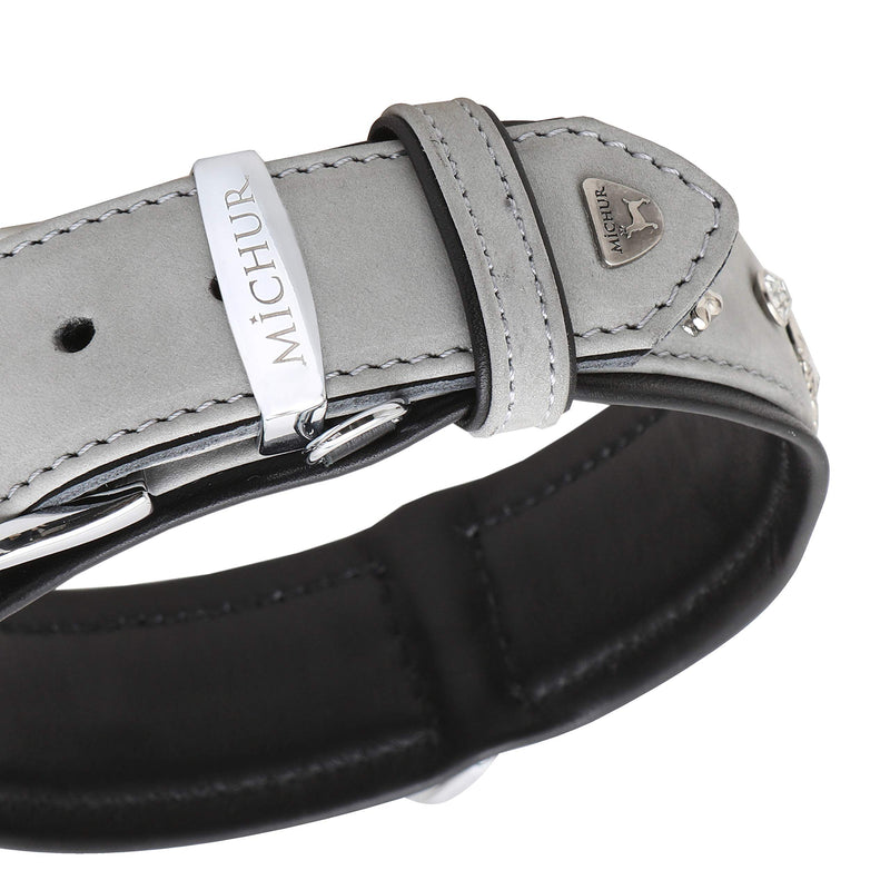 MICHUR Leon dog collar leather, dog collar, dog collar, gray-black, LEATHER, with lilies, rhinestones and lion's head application Neck circumference 18,50-20,87" - PawsPlanet Australia