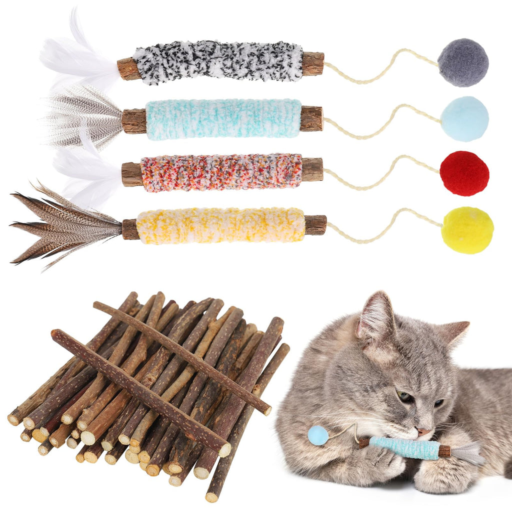 FANTESI Pack of 4 catnip sticks, 30 pieces of Matatabi cat toys, Matatabi cat sticks of feathers, pompoms for cats to play, bite, chew - PawsPlanet Australia