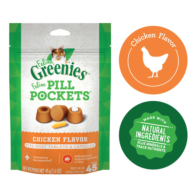 Greenies PILL POCKETS for Cats Natural Soft Cat Treats, Chicken Flavor, 1.6 oz. Pack (45 Treats) 45.4 g (Pack of 45) - PawsPlanet Australia