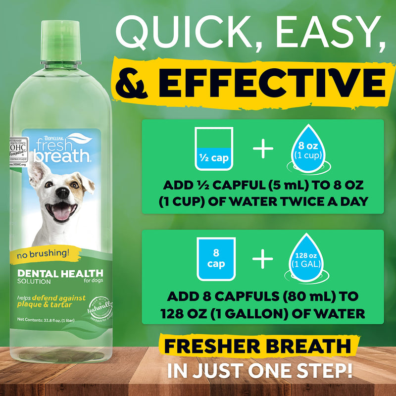 TropiClean Fresh Breath Dog Teeth Cleaning - Dental Care Solution - Breath Freshener Oral Care - Water Additive Mouthwash - Cleans Teeth - VOHC Accepted, Original, 1L - PawsPlanet Australia