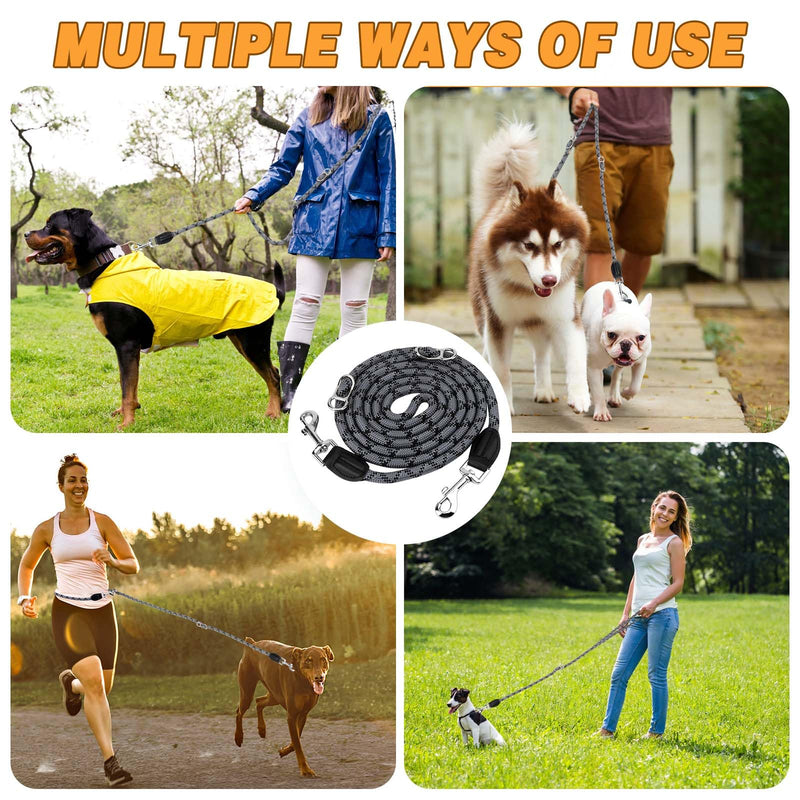 Dog leash with 2 carabiners, 2 rings, reflective, adjustable double leash, 2.6 m, multifunctional dog leash for large and medium-sized dogs - PawsPlanet Australia