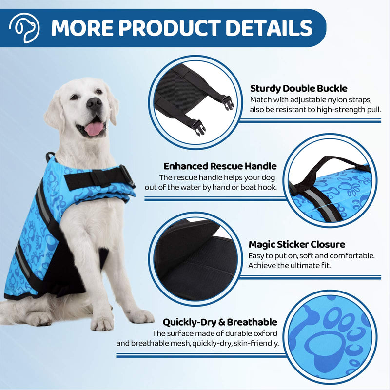 SUNFURA Ripstop Dog Life Jacket, Safety Pet Flotation Life Vest with Reflective Stripes and Rescue Handle, Adjustable Puppy Lifesaver Swimsuit Preserver for Small Medium Large Dogs XX-Small Blue - PawsPlanet Australia