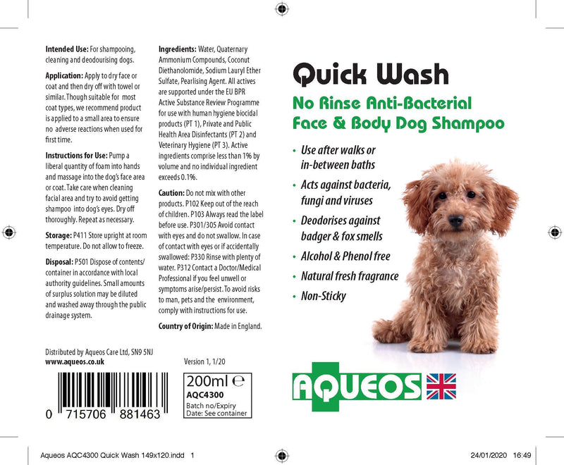 Aqueos Quick Wash No Rinse Dry Shampoo for Dogs | Antiviral, Antibacterial Waterless Shampoo | Deodorising & Disinfectant for Smelly Dogs | 200ml - PawsPlanet Australia