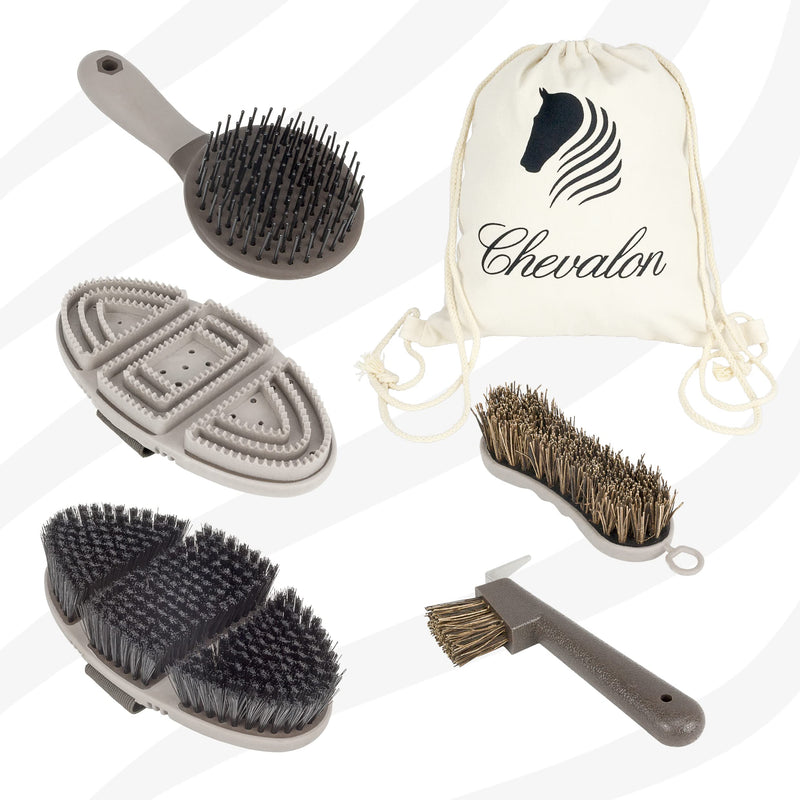Chevalon horse grooming set | Flexible body brush | Weeder/massage brush | 2in1 hoof pick with stainless steel pick | Mane horse brush | Hoof brush | Grooming bag for horses accessories/horse cleaning kit set - PawsPlanet Australia