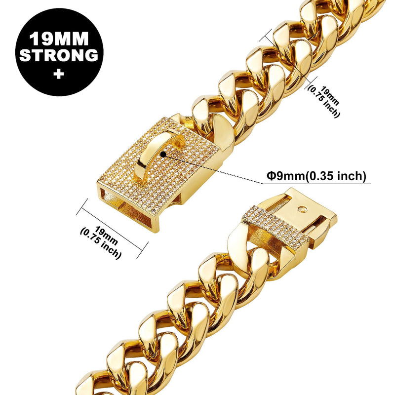BMusdog Gold Chain Dog Collar with Bling Bling 19MM Heavy Duty Thick 18K Gold Cuban Link Chain Stainless Steel Metal Links Walking Training Chain Necklace for Dogs (12" (Neck Fits 10"-11.5")) - PawsPlanet Australia