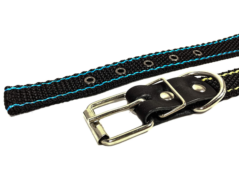 [Australia] - Luna&Max Heavy Duty Dog Collar | Double Thickness Adjustable Nylon Collar with D-Ring and Buckle | Collars for Small and Medium Dog | Collar with Adjustable Steel Hardware Black with Blue stripes 