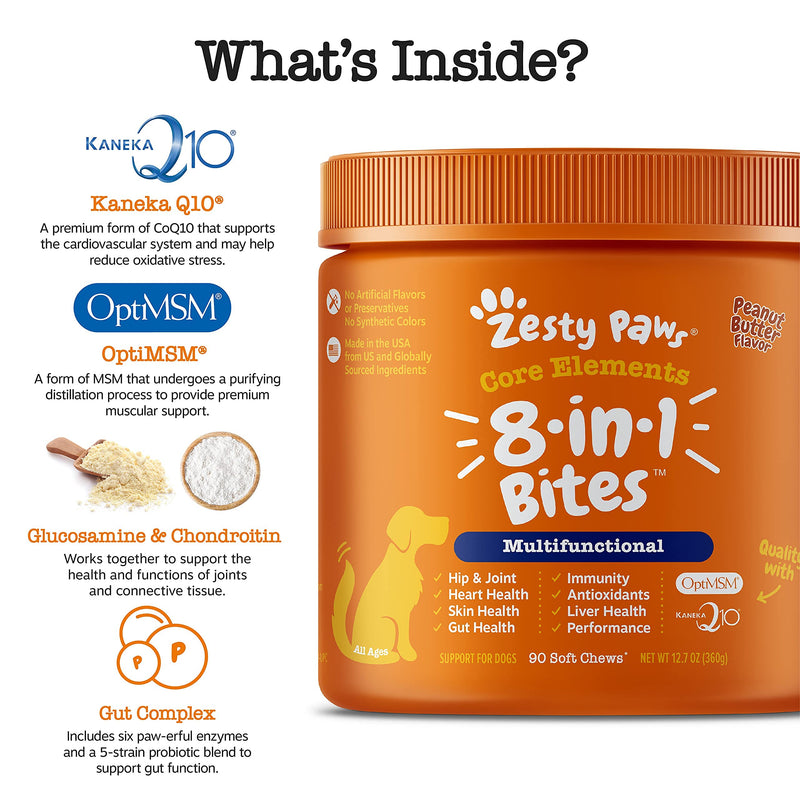 Zesty Paws, 5-in-1 Multivitamin Bites for Dogs, All Ages, Peanut Butter Flavour, 90 Soft Chews - PawsPlanet Australia