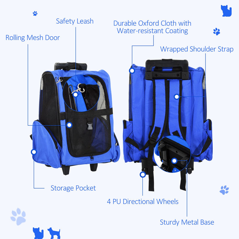PawHut Pet Travel Backpack Bag Cat Puppy Dog Carrier w/ Trolley and Telescopic Handle Portable Stroller Wheel Luggage Bag (Blue) Blue - PawsPlanet Australia