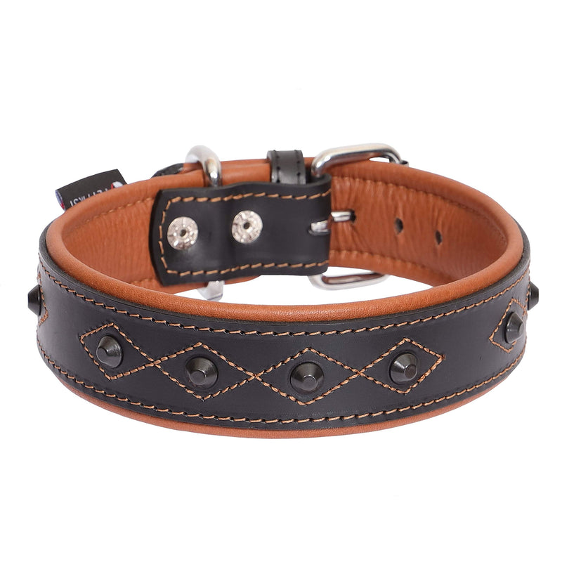 PET FIRST Leather Rivet Collar with Lining Black/Brown Leather Dog Collar with Rivets | Handmade in Europe Adjustable Leather Dog Collar - Circumference 43-50 cm Width 40 mm / Circ. 43-50 cm / 16.9-19.6 inch - PawsPlanet Australia