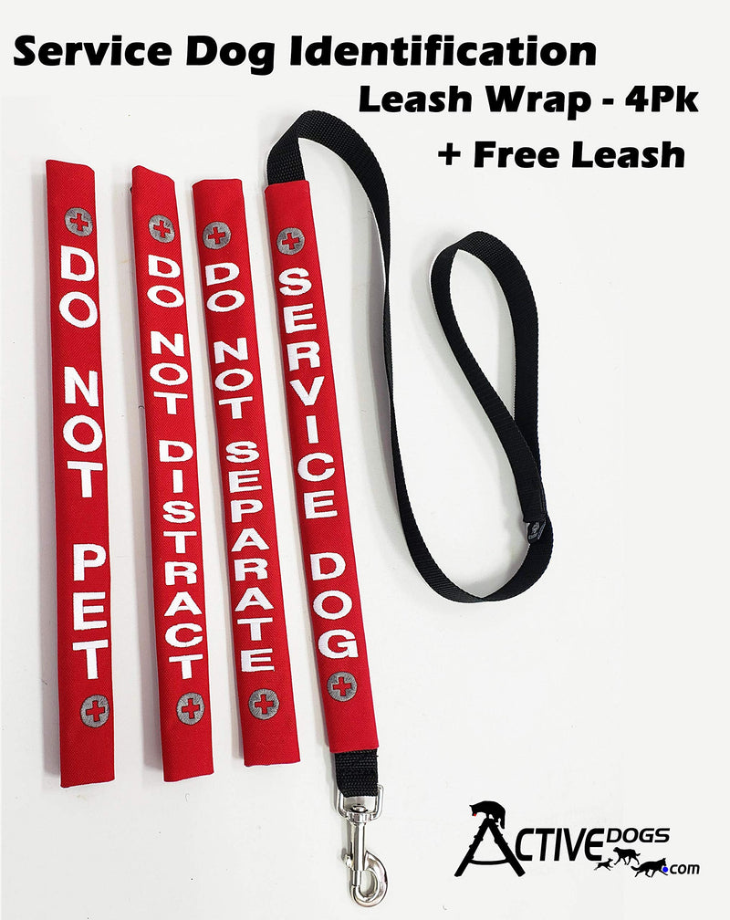 [Australia] - Activedogs Service Dog Identification Leash Wrap Set + Free Leash - 15" Long & Fits up to 1" Leash - Velcro Closure - 4 Wraps; Do Not Pet, Do Not Separate, Do Not Distract & Service Dog Red 