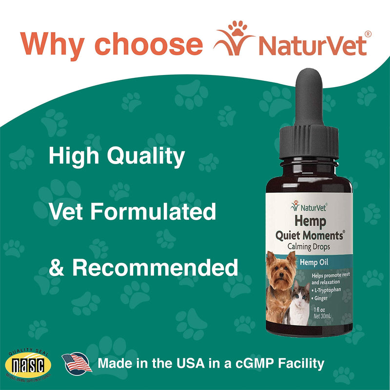 NaturVet Quiet Moments Calming Drops for Cats & Dogs – Helps Reduce Pet Stress, Promotes Relaxation – Dog Supplement, Cat Supplement Includes L-Tryptophan, Ginger, Chamomile 1 oz - PawsPlanet Australia