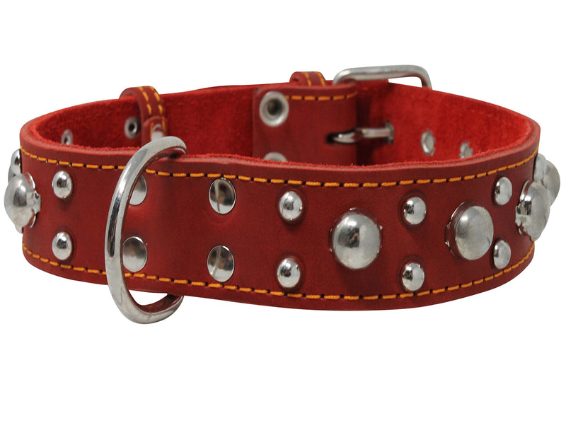 [Australia] - Red Real 1.5" Wide Thick Leather Studded Dog Collar. Fits 17"-21.5" Neck, Large Breeds. 