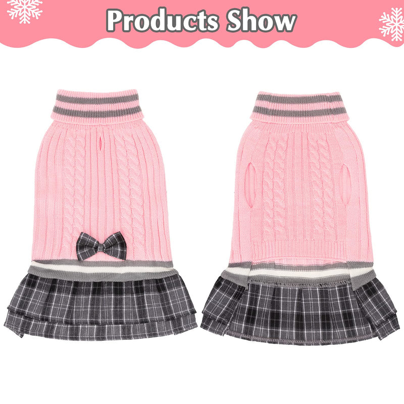 Dog Sweater Dress Plaid Dress with Bowtie - Dog Turtleneck Pullover Knitwear Cold Weather Sweater with Leash Hole, Suitable for Small Medium Dogs Puppies X-Small pink - PawsPlanet Australia