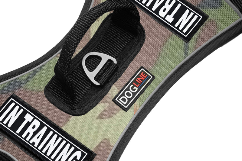 [Australia] - Dogline Quest No-Pull Dog Harness with 3D Rubber in Training Removable Patches Reflective Soft Comfortable Dog Vest with Quick Release Dual Buckles Black Hardware and Handle Girth 21" to 25" Green Camo 