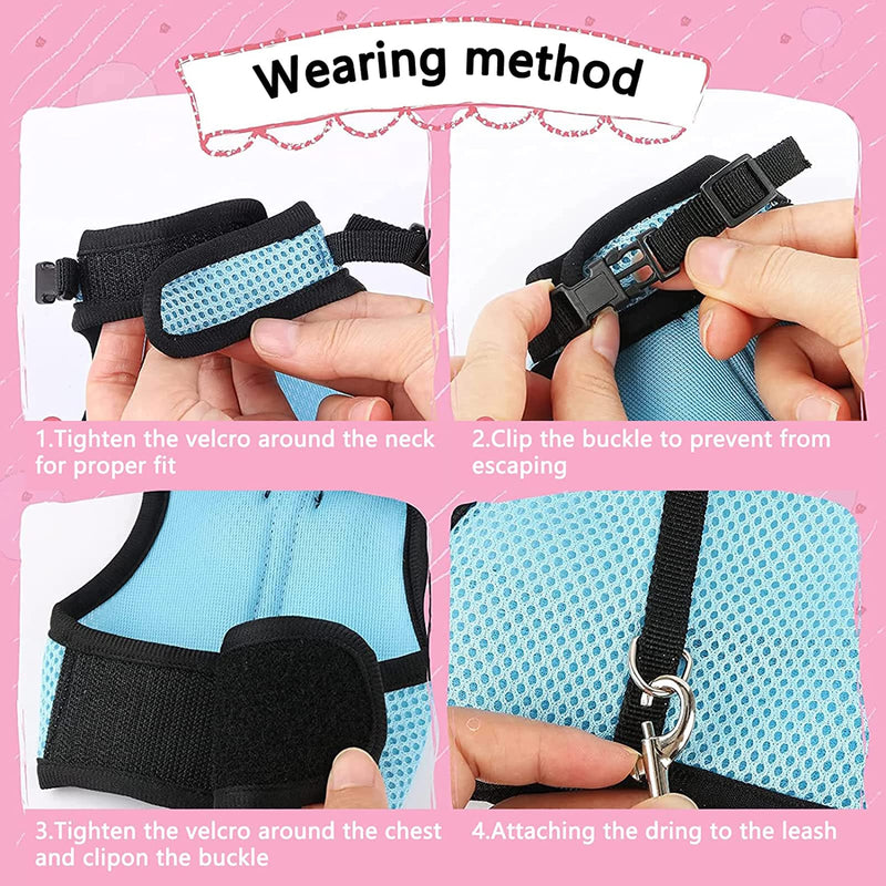 Pack of 2 Adjustable Soft Rabbit Harness, Breathable Rabbit Harness, Mesh Rabbit Harness, for Small Animal Rabbit Hamster Cat Outdoor (M, Blue, Pink) - PawsPlanet Australia
