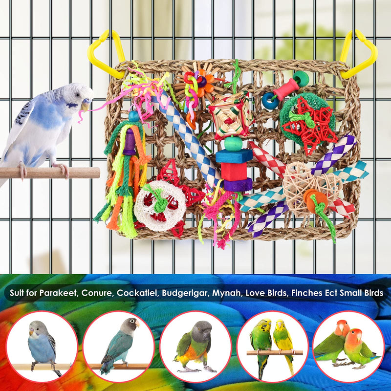 KATUMO Bird Toys, Bird Foraging Wall Toy, Edible Seagrass Woven Climbing Hammock Mat with Colorful Chewing Toys, Suitable for Lovebirds, Finch, Parakeets, Budgerigars, Conure, Cockatiel - PawsPlanet Australia