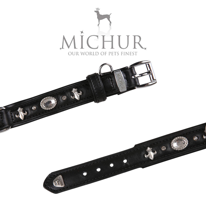 MICHUR Gala Dog Collar Leather, Leather Collar Dog, Collar, Black, LEATHER, with lilies, rhinestones and large crystal Neck circumference 12,20-14,17" - PawsPlanet Australia