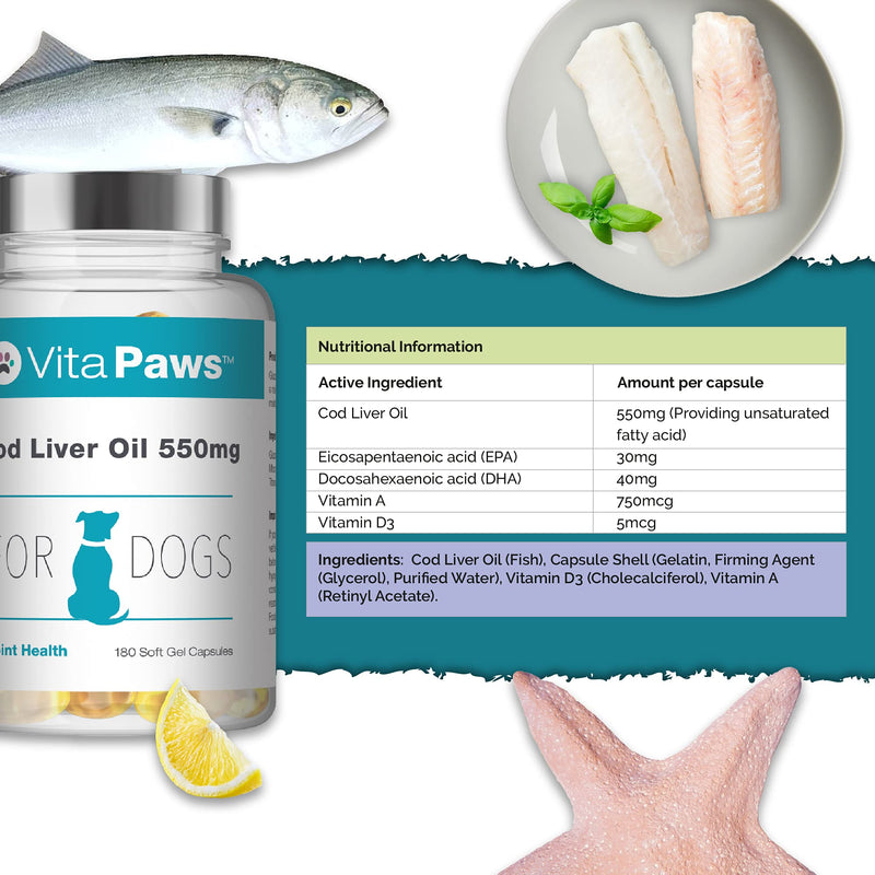 Cod Liver Oil for Dogs 550mg | 180 Soft Gel Capsules | Support The Health of The Skin and Coat | Manufactured in The UK - PawsPlanet Australia