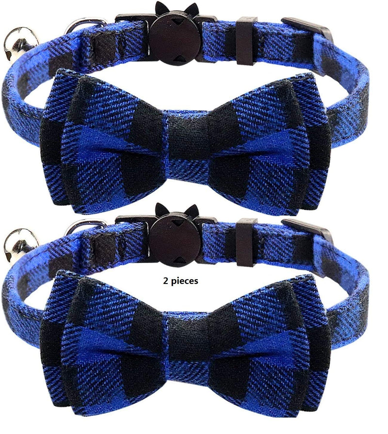 Quick Release Cat Collar with Bell and Bow Tie, Cute Plaid Patterns, 2 Pack Kitty Safety Collars (blue) blue - PawsPlanet Australia