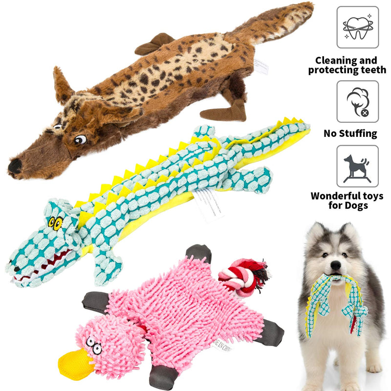 WEIZSTYLE Squeaky Toys Dog,No Stuffing Puppy Toys Squeakers Durable Stuffingless Dog Plush Toy Chew Toy Set for Small Medium Large Dogs-Brown Wolf, Crocodile, Duck 3pack A - PawsPlanet Australia