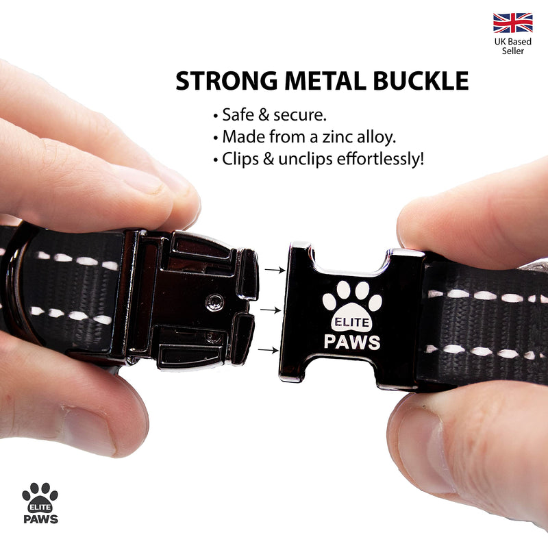 Elite Paws® UK. Premium Dog Collar Metal Buckle, Soft Padded Mesh, Reflective, Strong, Adjustable. Puppy Puppies XS Small Medium Large Extra XL Boy Girl Male Female Pet Breed (25cm-30cm Black/ Grey) Neck: 25cm-30cm - PawsPlanet Australia
