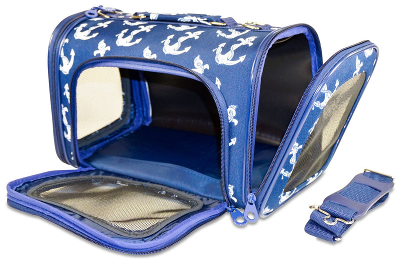 [Australia] - Ever Moda Nautical Anchor Pet Carrier Purse (15 Inch, Navy Blue) 