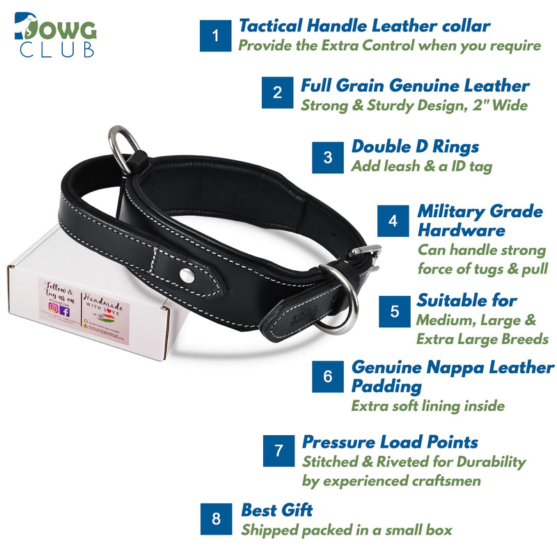 DowgClub | Genuine Leather Heavy Duty Tactical Dog Collar with Handle | Saddle Grade, Full Grain, Heavy Duty | Comfortable, Padded, Strong | Best for Medium, Large & X-Large Breeds M (Fit Neck Size 14.5"-18.5") Black - PawsPlanet Australia