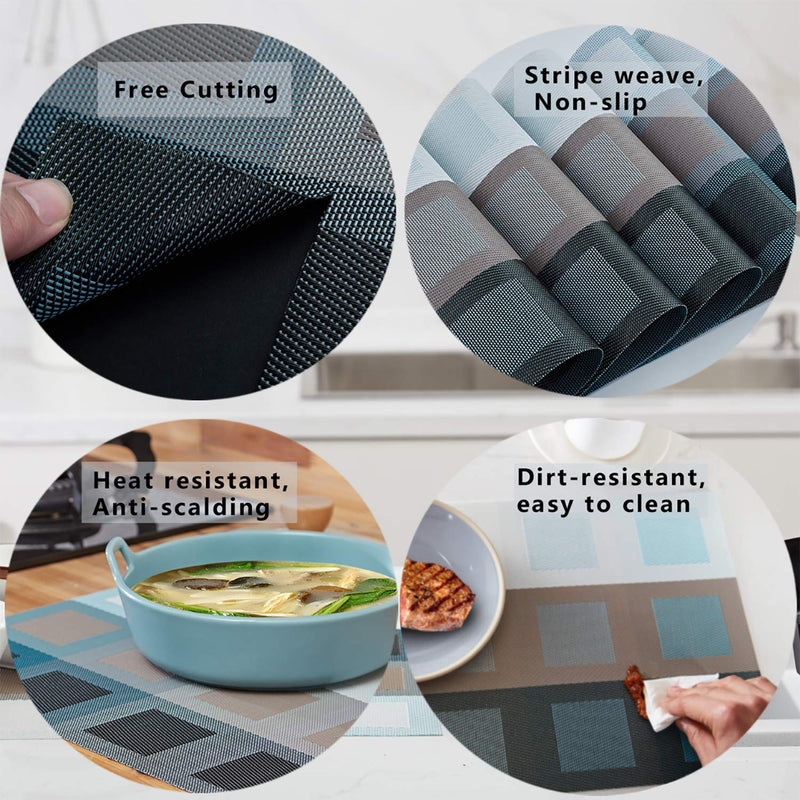 TOP BEAUTY Placemats Set of 6 Woven Vinyl Table Mats PVC Heat Insulation Stain Resistant Non Slip Kitchen Dining Table Decoration Blue - PawsPlanet Australia