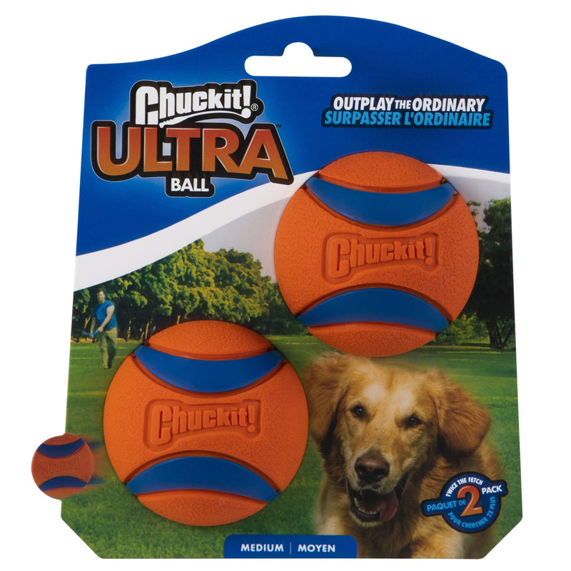 ChuckIt! Ultra Squeaker Dog Ball, Durable High Bounce Rubber Floating Dog Toy, Blue & Orange, Small, 2 Pack & Ultra Ball, Durable Dog Ball High Bounce Rubber Dog Toy, 2 Pack, Medium + Ultra Ball, Medium - PawsPlanet Australia