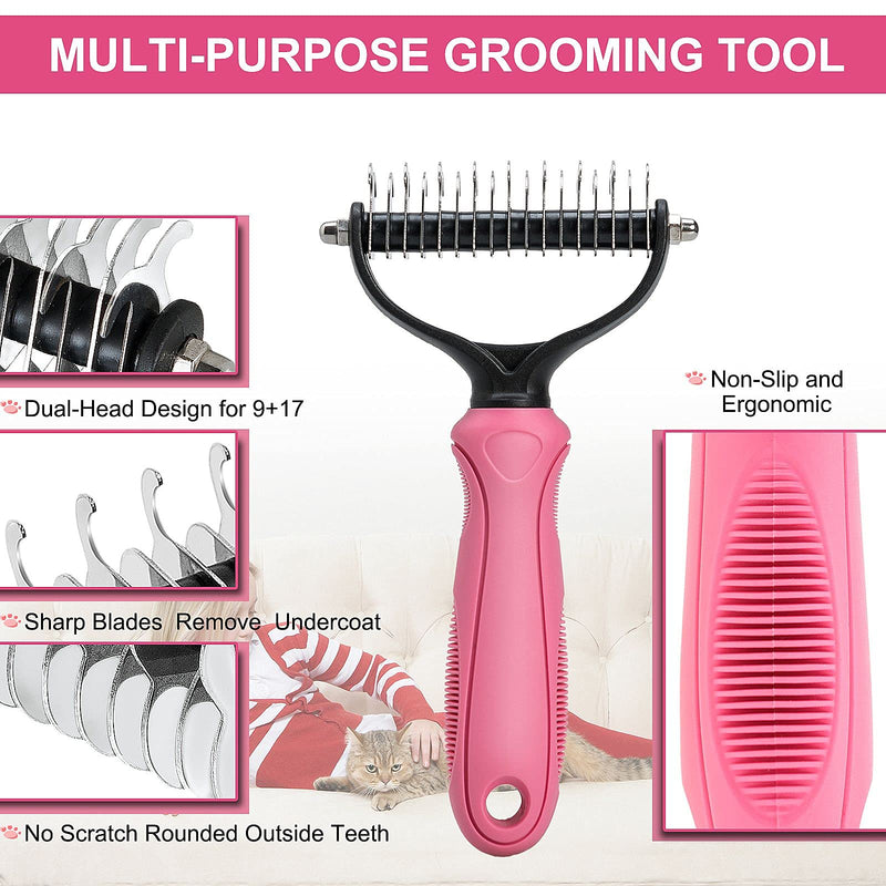 whoobell Undercoat Rake for Dogs, 2 Side Undercoat Brush for Deshedding and Dematting for Dog Cat Rabbit, Professional Pet Grooming HairTools, Removes Loose Undercoat and Nasty Shedding Pink-L - PawsPlanet Australia