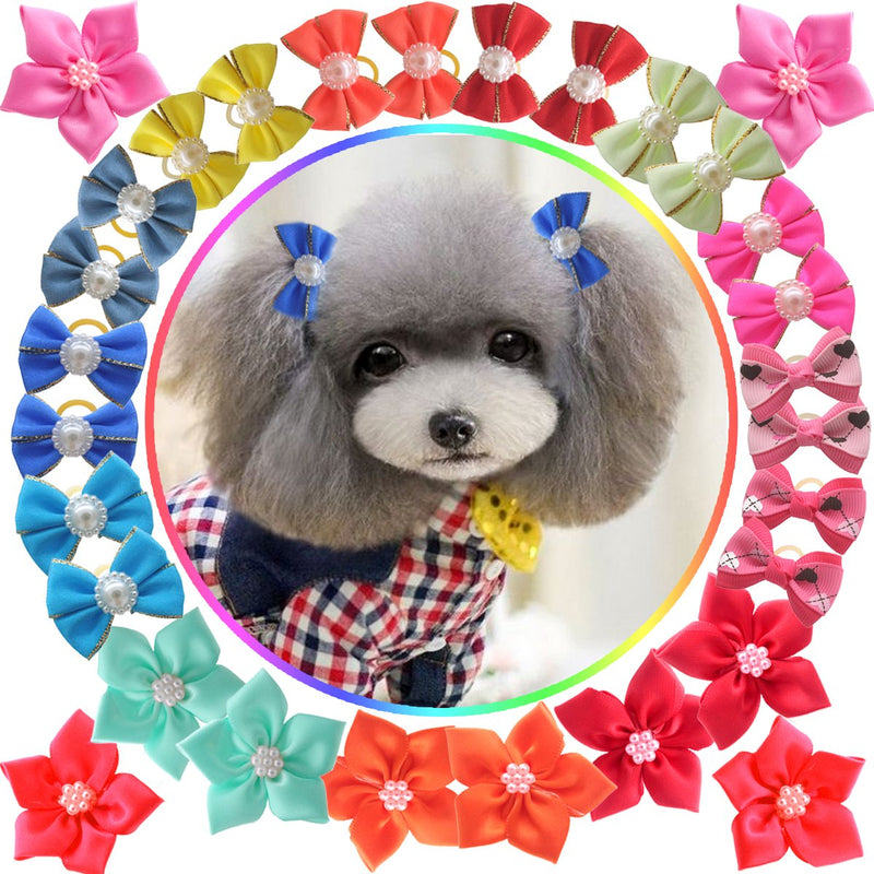 HOLLIHI 30pcs / 15 Pairs Adorable Grosgrain Ribbon Pet Dog Hair Bows with Rubber Bands - Puppy Topknot Cat Kitty Doggy Grooming Hair Accessories Bow knots Headdress Flowers Set for Groomer - PawsPlanet Australia