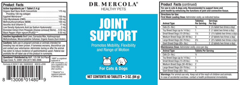 Dr Mercola Healthy Pets Joint Support with Biovaplex for Pets (60 Tablets for Cats and Dogs) - PawsPlanet Australia